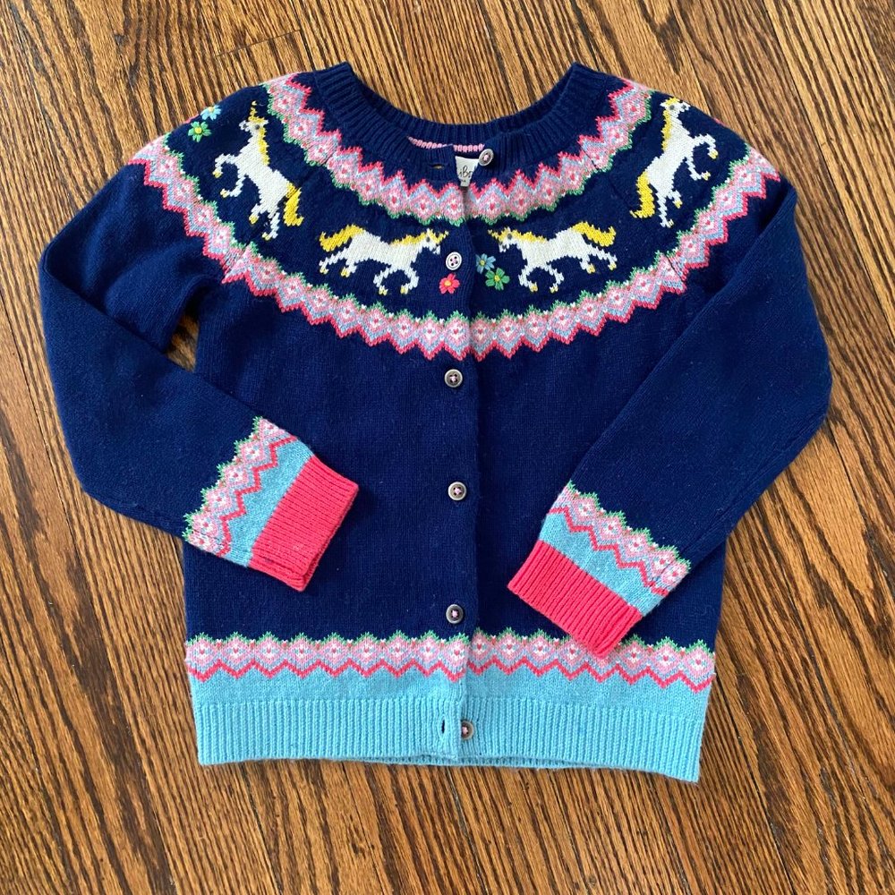Mini Boden Fair Isle Unicorn Cardigan Sweater (5-6Y)